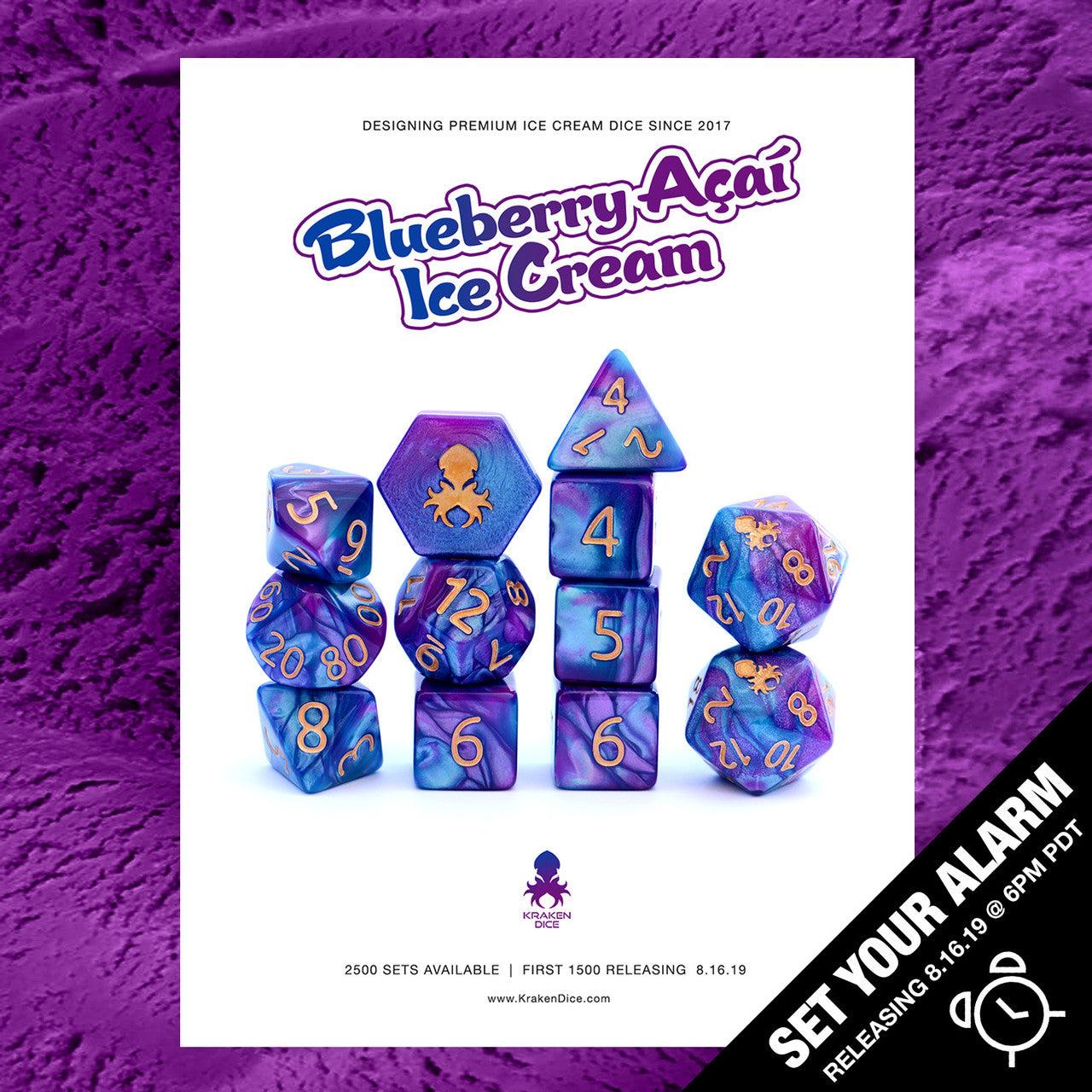 Blueberry Acai Ice Cream Dice 12pc RPG Dice Set with Gold Ink